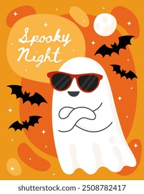 Halloween greeting card. Cute cartoon ghost, spirit. Little ghost wearing sunglasses. Orange background, bats, moon. Spooky night.