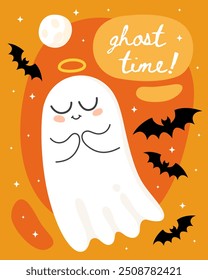 Tarjeta de felicitación de Halloween. Lindo fantasma de dibujos animados, espíritu. ¡Tiempo fantasma! Un fantasma lindo se parece a un ángel. Murciélagos, luna, fondo naranja.	