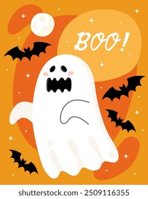 Halloween greeting card. Cute cartoon ghost, spirit. Little cute scary toothy ghost. Boo! Orange background, bats, moon.