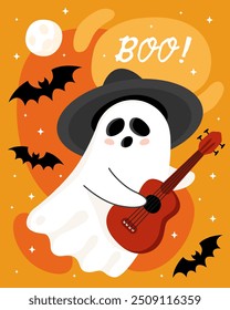 Halloween greeting card. Cute cartoon ghost, spirit. Boo! Cute little ghost in a Mexican sombrero plays the ukulele. Day of the dead. Orange background.