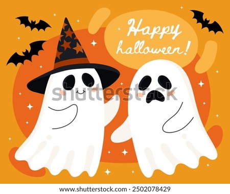 Halloween greeting card. Cute cartoon little ghosts, spirits. Cute ghost couple, smiling ghost in a black witch hat and sad ghost. Happy halloween! Orange background.