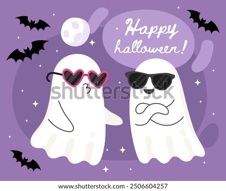 Halloween greeting card. Cute cartoon little ghosts, spirits. Cute ghost couple, cute ghosts in sunglasses, bats, full moon. Happy halloween. Purple background.