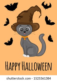 Halloween greeting card with cute cat. Cartoon style. Vector illustration