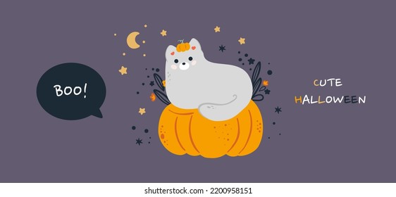 Halloween greeting card with a cute cat on a pumpkin wearing a pumpkin hat