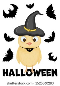 Halloween greeting card with cute chick. Cartoon style. Vector illustration
