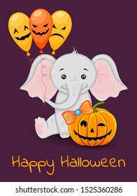 Halloween greeting card with cute elephant. Cartoon style. Vector illustration