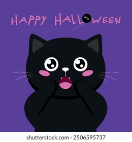 Halloween greeting card with cute frightened black cat. Cartoon cat character. Vector illustration