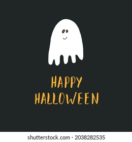 Halloween greeting card. Cute ghost, party invitation or holiday banner design, vector illustration.