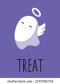 Halloween greeting card with a cute ghost. A ghost in a angel costume. Postcard with text "treat". Vector Halloween greeting card, flyer, banner, poster templates.