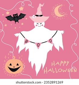 Tarjeta de saludo de Halloween con un lindo Ghost en sombrero, murciélago, calabaza y media luna en fondo rosado. Diseño de dibujos animados infantiles. Truco o trato. Ilustración del vector