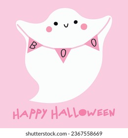 Halloween greeting card with a cute Ghost in with a garland Boo on pink background. Cute childish cartoon design. Trick or treat. Vector illustration