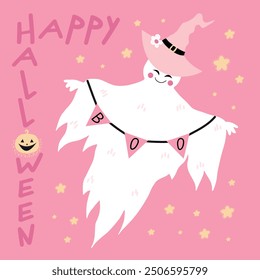 Halloween greeting card with a cute Ghost in hat on pink background. Cute childish cartoon design. Trick or treat. Vector illustration