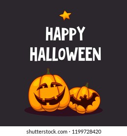 Halloween greeting card with cute ghosts and pumpkin. Halloween party flyers with scary pumpkin head jack, cartoon vector illustration on dark background. Happy Halloween design template.