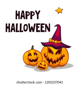 Halloween greeting card with cute ghosts and pumpkin. Halloween party flyers with scary pumpkin head jack, cartoon vector illustration on dark background. Happy Halloween design template.