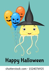 Halloween greeting card with cute jellyfish. Cartoon style. Vector illustration