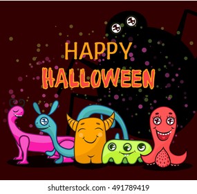 Halloween greeting card with cute monsters.