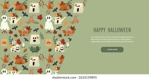 Halloween greeting card with cute pattern featuring ghosts pumpkins and autumn elements. Green design layout perfect for seasonal marketing and holiday promotional campaigns. Vector illustration