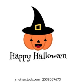 Halloween greeting card with a cute pumpkin in a witch hat on a white background. Kawaii pumpkin and Happy Halloween text for All Saints Day poster, banners, cards. 