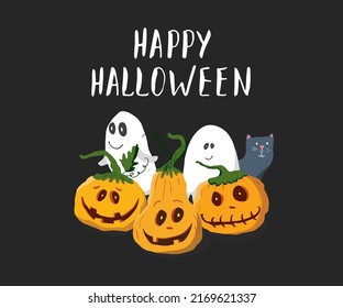 Halloween greeting card. Cute pumpkins and ghosts, party invitation or holiday banner design, vector illustration.