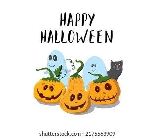 Halloween greeting card. Cute pumpkins and ghosts, party invitation or holiday banner design, vector illustration.