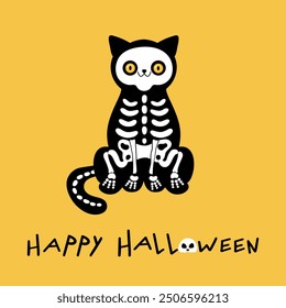 Tarjeta de felicitación de Halloween con lindo esqueleto gato negro. Personaje de gato de dibujos animados con cráneo y huesos. Ilustración vectorial