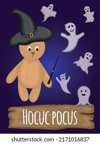 Halloween greeting card with cute teddy bear. Cartoon style. Vector illustration