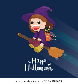 Halloween greeting card with cute witch flying on magic broom. Vector illustration 