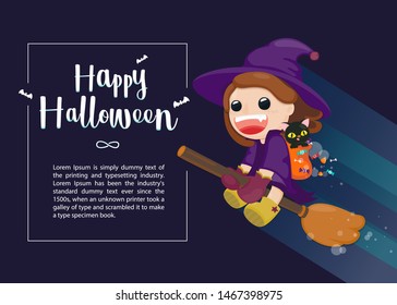 Halloween greeting card with cute witch flying on magic broom. Vector illustraion 