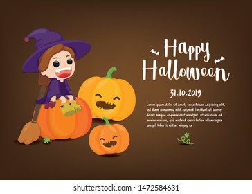 Halloween greeting card. Cute witch sitting on pumpkins with leave on brown background. Vector illustration 