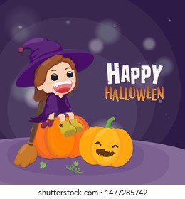 Halloween greeting card. Cute witch sitting on pumpkin with purple background.