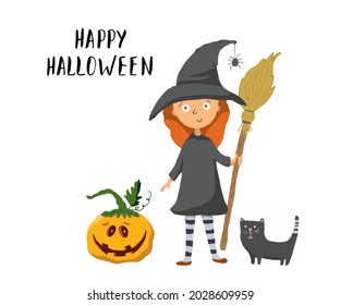 Halloween greeting card. Cute witch with cat and pumpkin, party invitation or holiday banner design vector illustration.