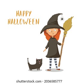 Halloween greeting card. Cute witch with cat, party invitation or holiday banner design vector illustration.