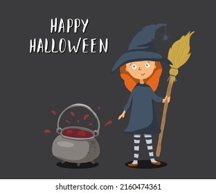 Halloween greeting card. Cute witch with cauldron, party invitation or holiday banner design, vector illustration.