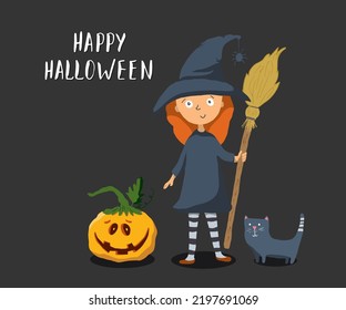 Halloween greeting card. Cute witch with cat and pumpkin, party invitation or holiday banner design vector illustration.