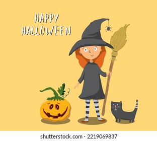 Halloween greeting card. Cute witch with cat and pumpkin, party invitation or holiday banner design vector illustration.