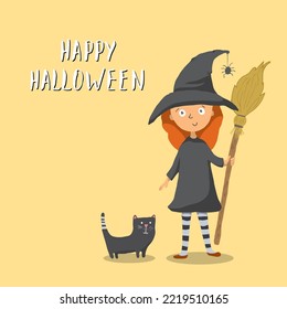 Halloween greeting card. Cute witch with cat, party invitation or holiday banner design vector illustration.
