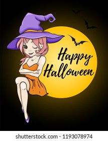 Halloween greeting card with cute young witch in a violet hat. Happy Halloween lettering. Vector illustration. 