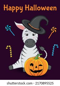 Halloween greeting card with cute zebra. Cartoon style. Vector illustration
