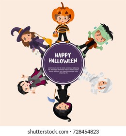 Halloween greeting card design. Creative frame with kids in a Halloween costumes - Dracula, Zombie, Death, Pumpkin, Witch, Frankenstein. Template for Halloween party.