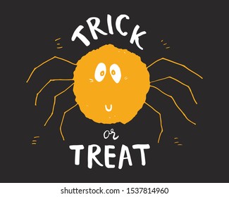 Halloween greeting card design. Cute spider cartoon hand drawn doodle, Trick or treat lettering vector illustration.