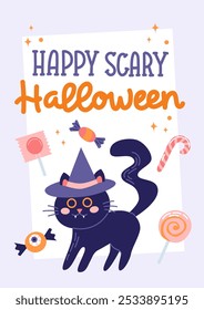 Halloween greeting card design. Cute black cat and candy and hand drawn calligraphy. Vector illustration template