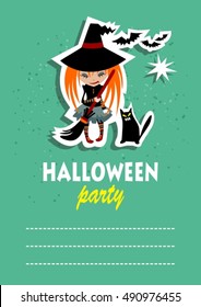 Halloween greeting card. Design element for posters or flyers. Young pretty Halloween witch and black Halloween cat.