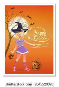 Halloween greeting card design. A girl dressed as a witch with a magic wand and a basket in the form of a pumpkin to collect sweets. Trick or treat. Vector illustration