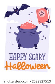 Halloween Grußkartendesign. Handgezeichnete Kalligraphie und niedliches Hexenkessel- und Zauberbuch. Vorlage für Vektorgrafik