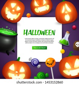 Halloween greeting card design with holiday symbols. Text sample with Jack o lanterns, potion and sweets on purple background. Vector illustration can be used for banner, poster, brochure