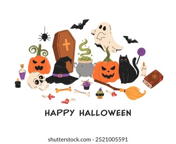 Halloween greeting card design with scull, candles, pumpkins, witch hat, ghost, bats, cat, coffin. Festive holiday postcard, October night. Trick or treat design. Hand drawn vector flat illustration