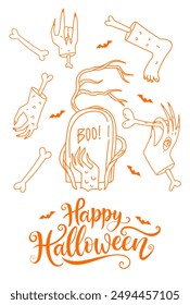 Halloween greeting card design template in doodle outline style. Set with Halloween Zombie vector elements. Tombstone and raised from grave zombie hand and lettering calligraphy text Happy Halloween