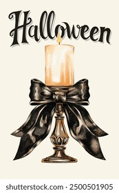 Halloween greeting card design with a watercolour candle in a candlestick. Gothic candle with a black bow.