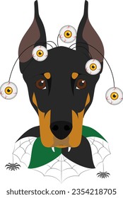 Halloween greeting card. Doberman dog dressed with terrifying eyes and a spider web collar
