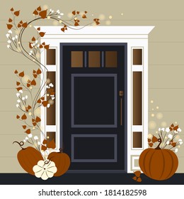 Halloween greeting card with door, autumn orange pumpkins and garland